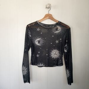 SHEIN Black Long Sleeve Mesh Top with Sun and Moon Print